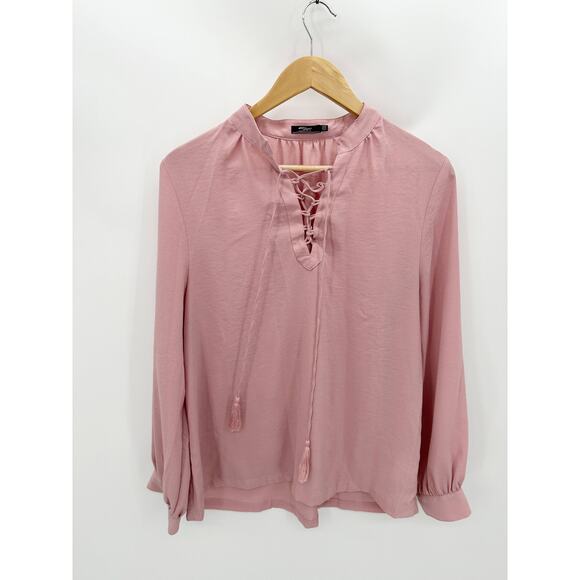 Silver Jeans Co Top Women MEDIUM Pink Long Sleeve Button Snap Lace-Up Blouse - Picture 1 of 10